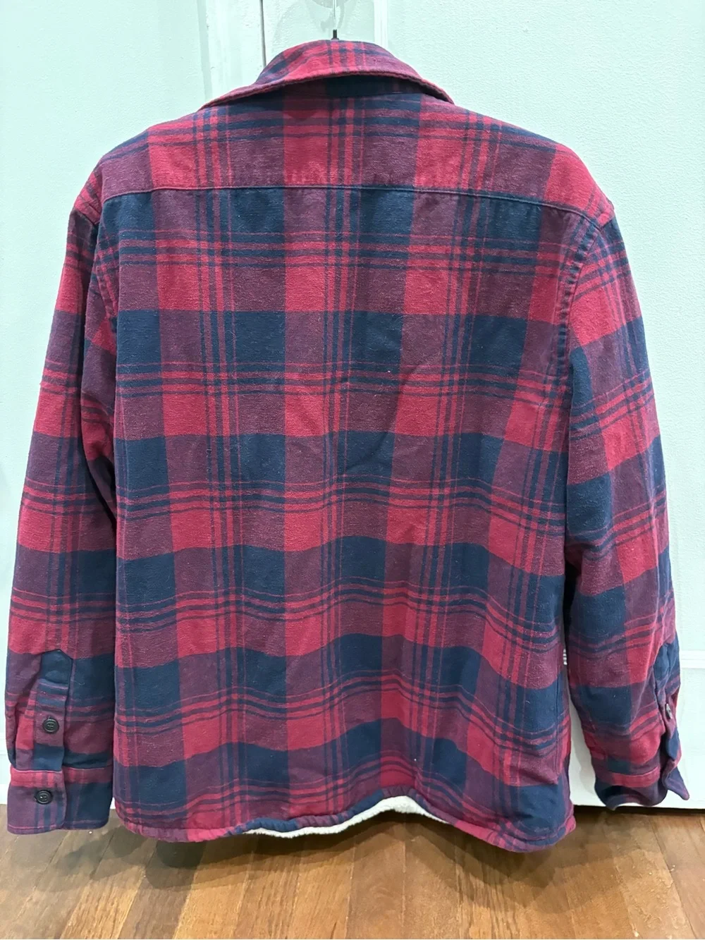 J.Crew Men’s Sherpa Lined Flannel Shirt Jacket Plaid Red Navy Medium Shacket